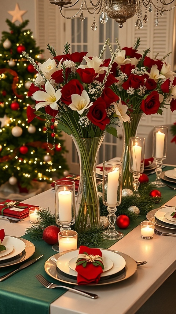 Elegant Christmas table setting with vases of flowers, candles, and festive decorations.